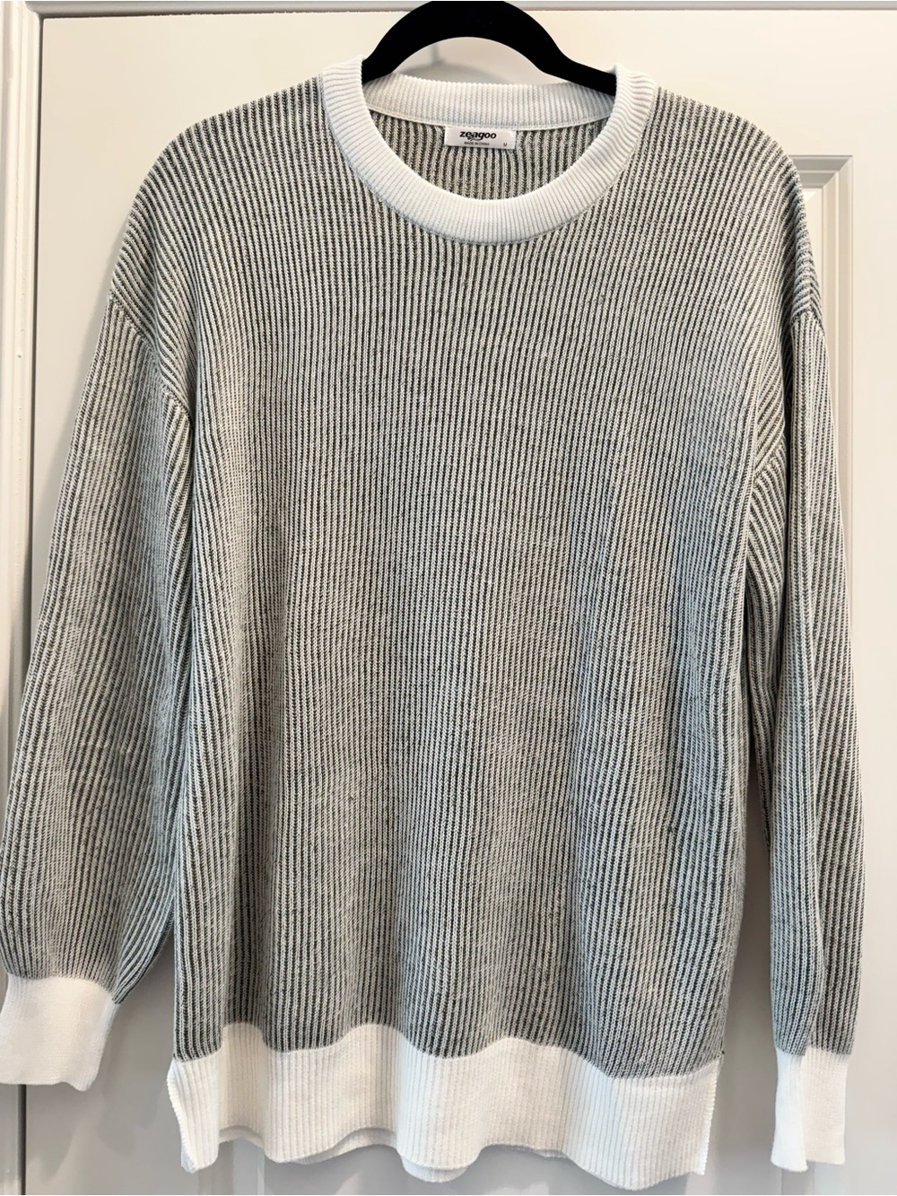 Green and White Womans Ribbed Crewneck Sweater